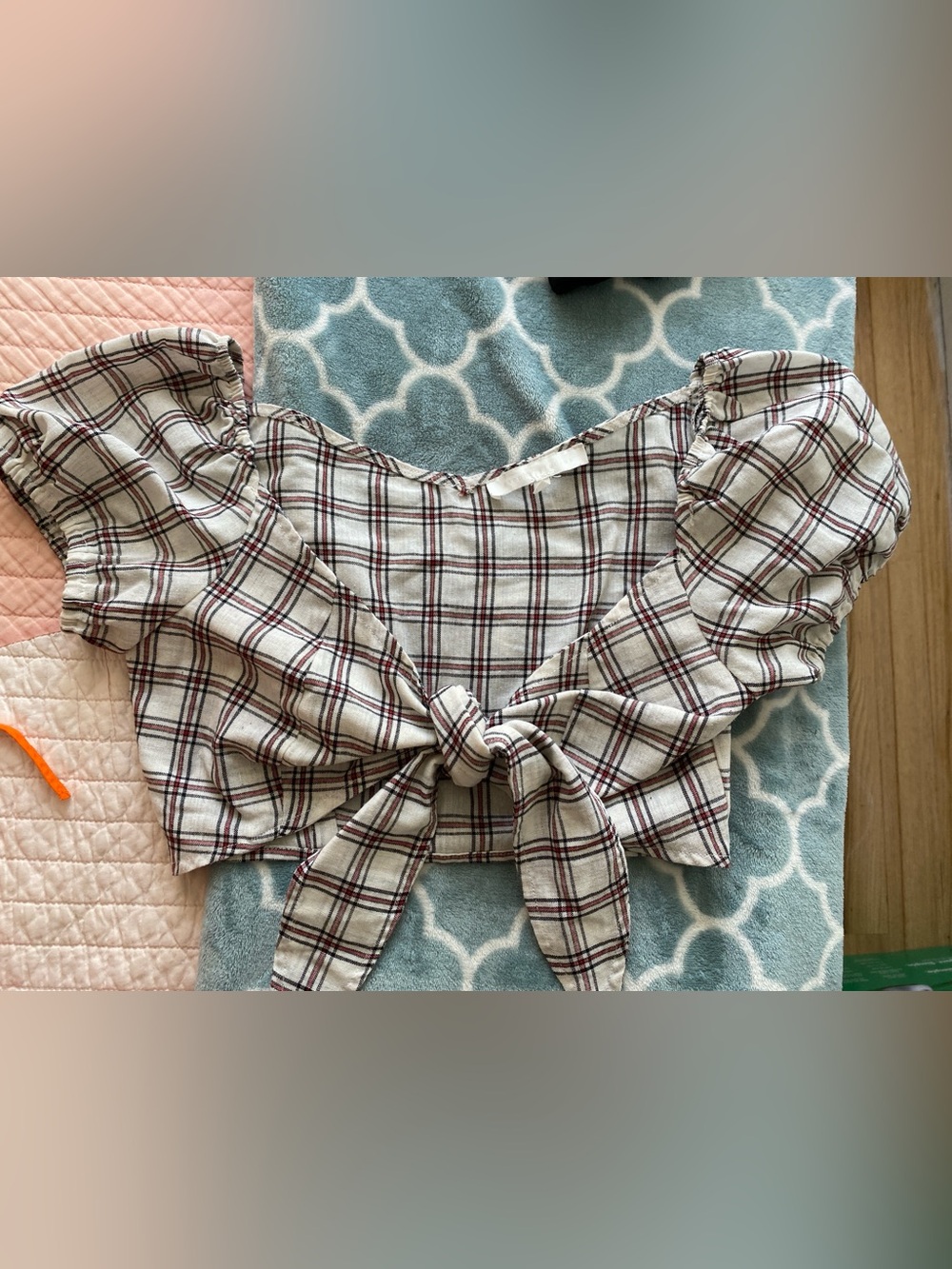 Womens Plaid Tie-Front Crop Top - White with Red & Black Plaid